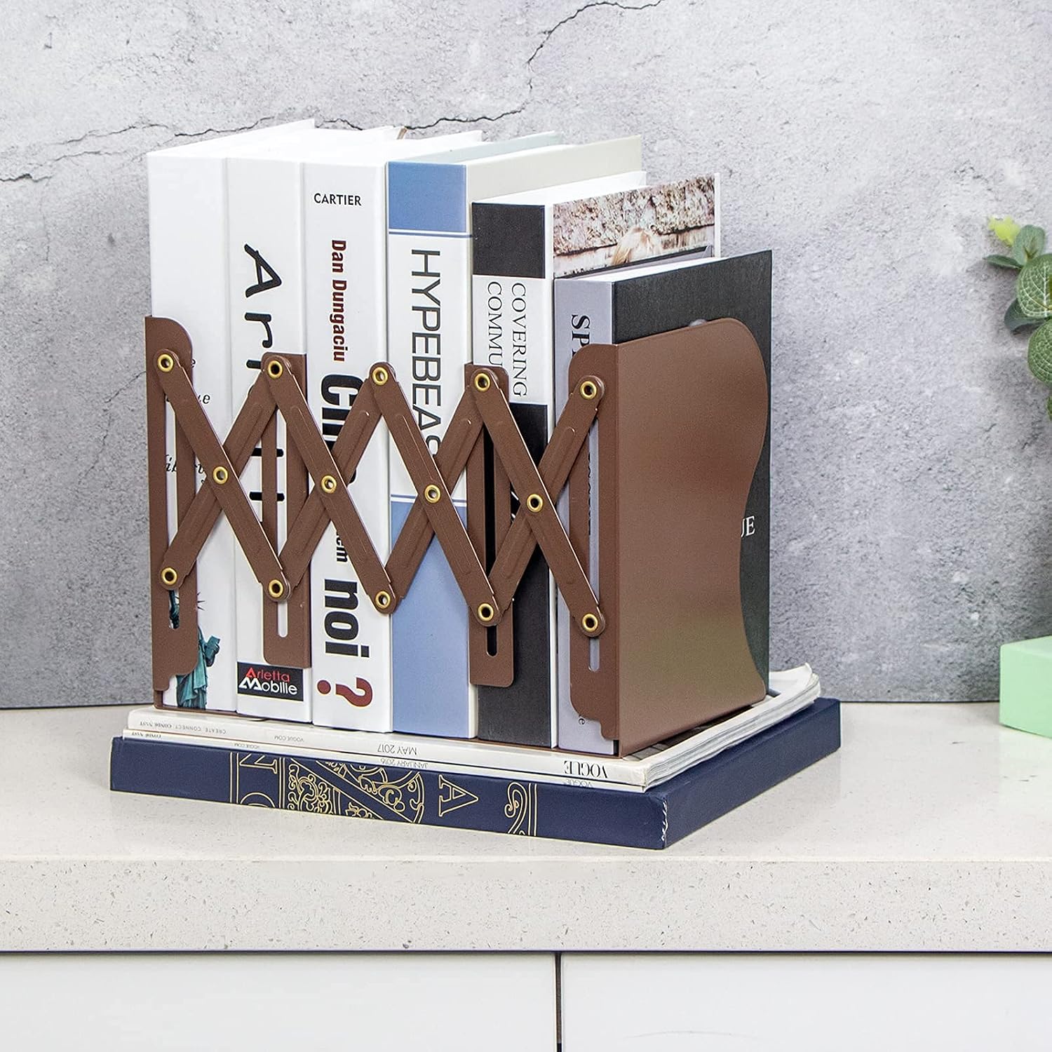 Aobopar Adjustable Metal Book Ends for Shelves Brown | Metal Bookends for Heavy Books, Desk Book Holder, Book Organizer