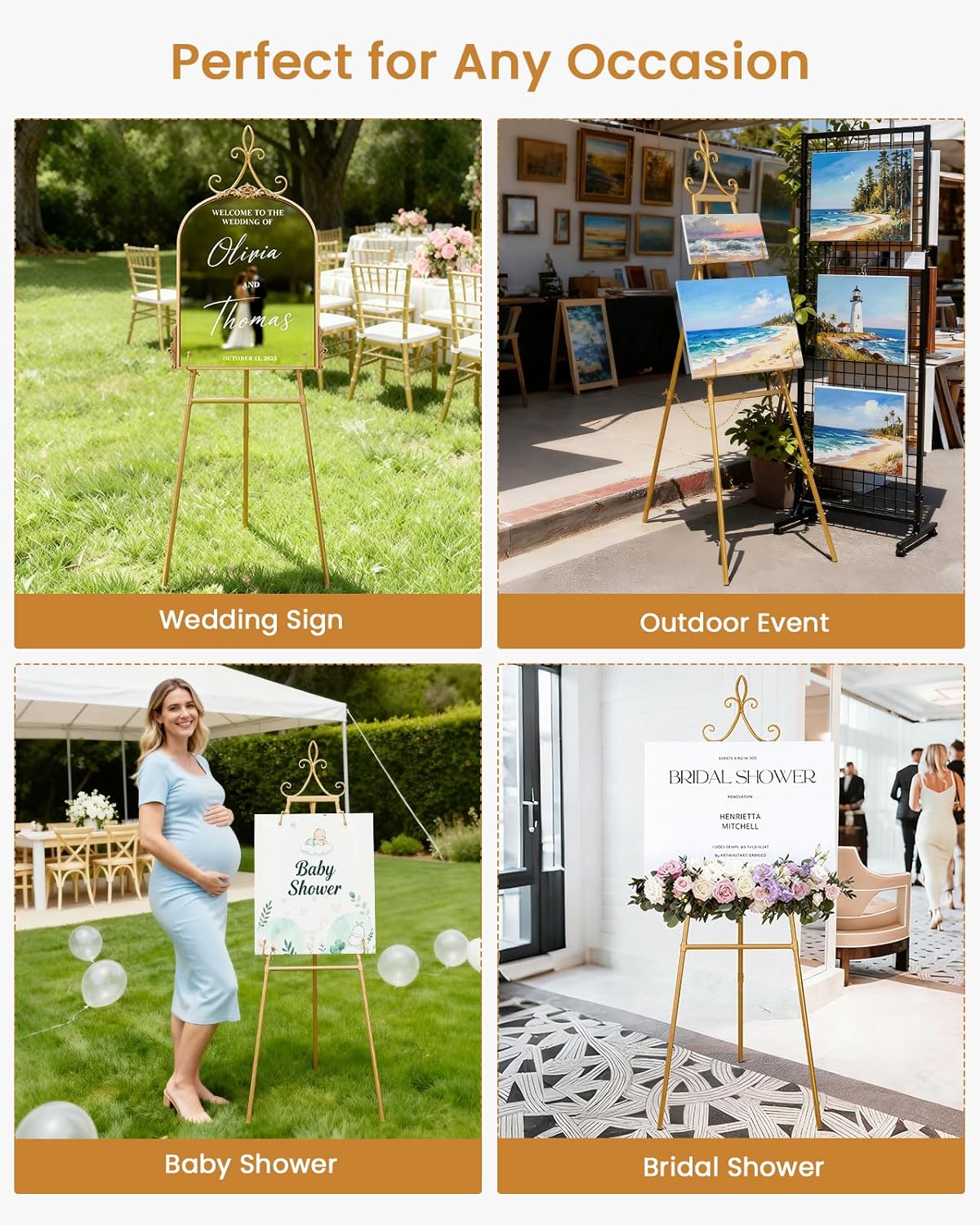 53.9" Gold Easel Stand for Sign, Heavy Duty Metal Display Easel with Storage Bag, Adjustable Art Easel for Wedding