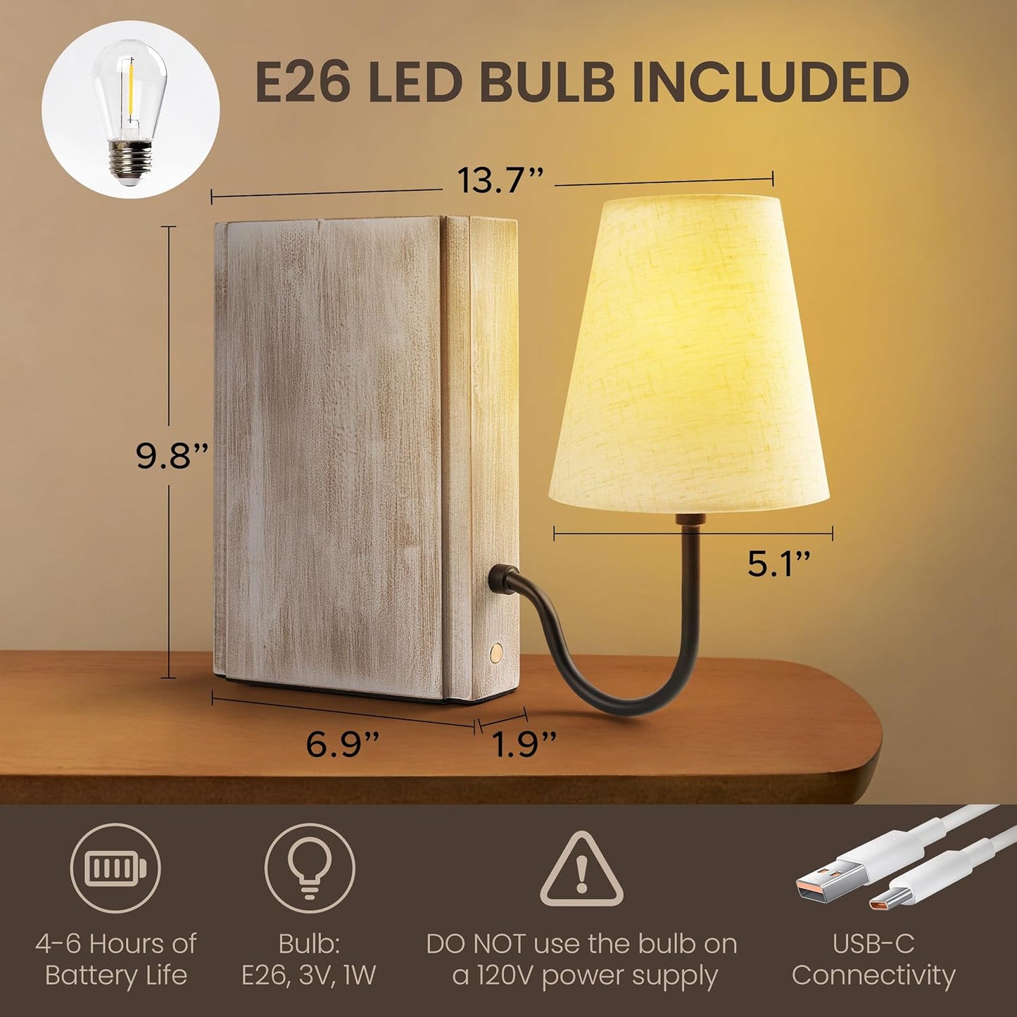 Solid Wood Bookshelf Lamp with Bulb, Cordless Rechargeable Touch Dimmable Table Lamp with Linen Fabric Shade, Modern
