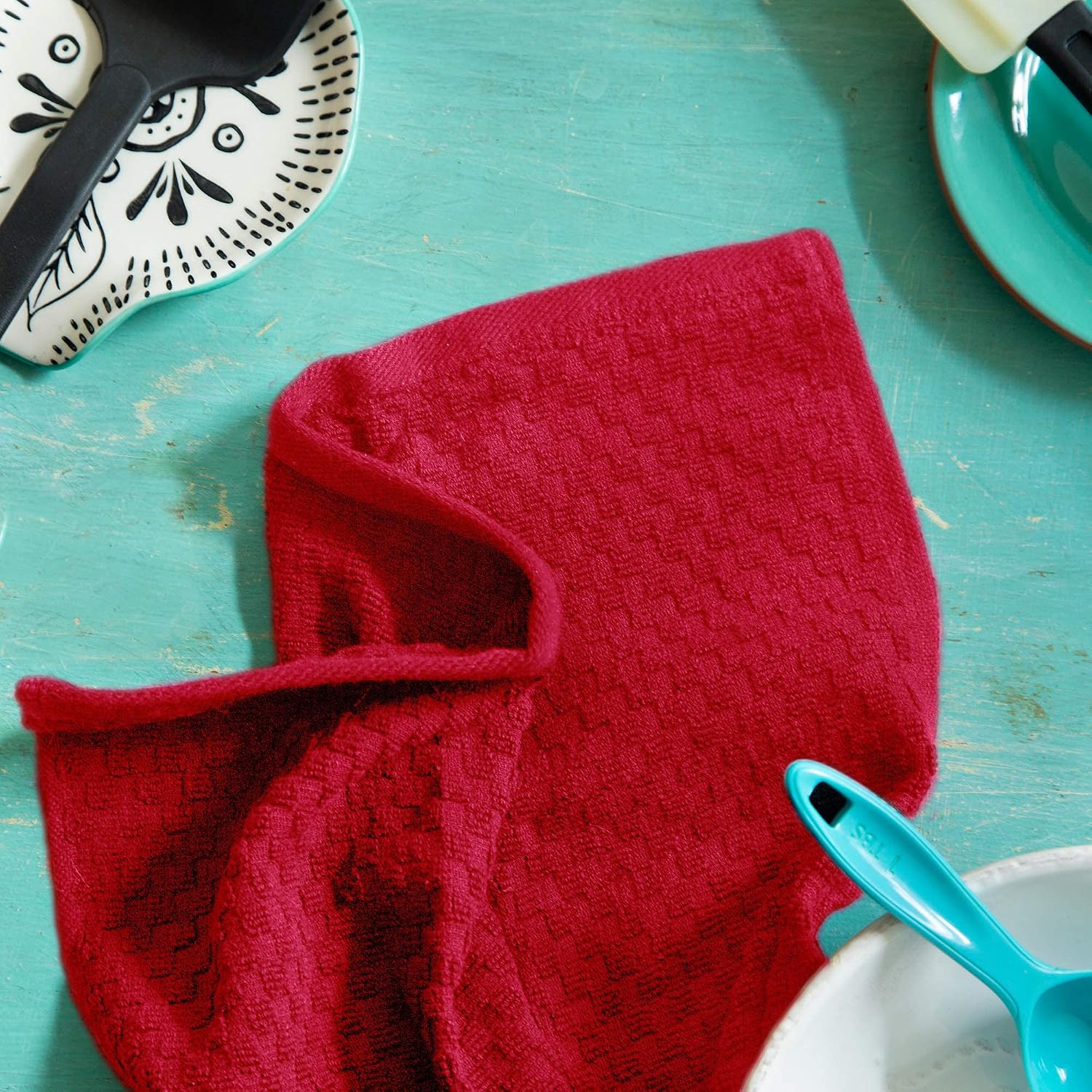 COTTON CRAFT Amazing Kitchen Towels - 8 Pack 100% Cotton Waffle Terry Towel | Red - 16x28 inch Euro Café Waffle Weave