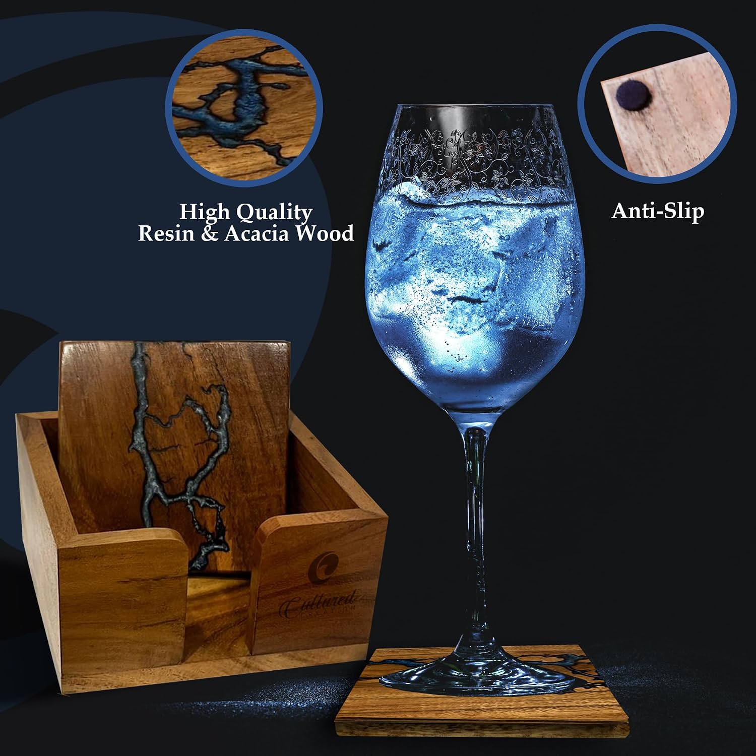 Epoxy Resin and Wood Coaster Set / Fractal Burning Blue