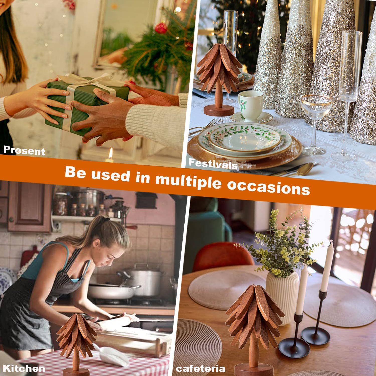 4 Wooden Trivets+1 Stand / Natural