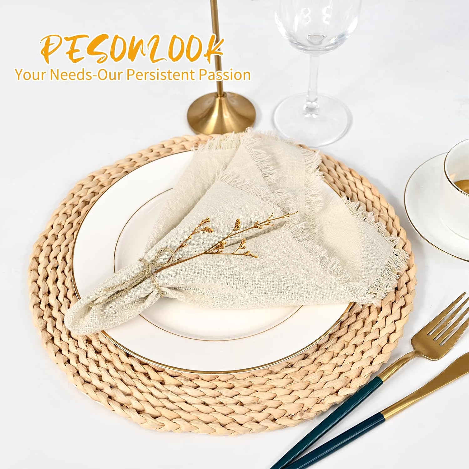 Pesonlook 60 Pcs Natural Cotton Linen Napkins with Fringe, 16x16 Inches | Handmade Cotton Cloth Napkins with
