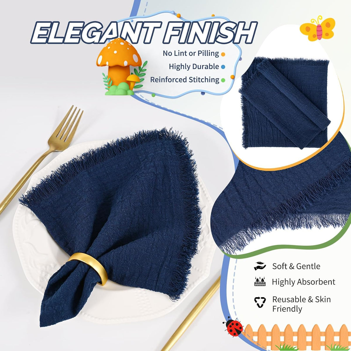 Showgeous 30 Pack Navy Blue Cloth Napkins with Fringe, 16x16 inch | 100% Cotton Blue Napkins Handmade Dinner Napkins