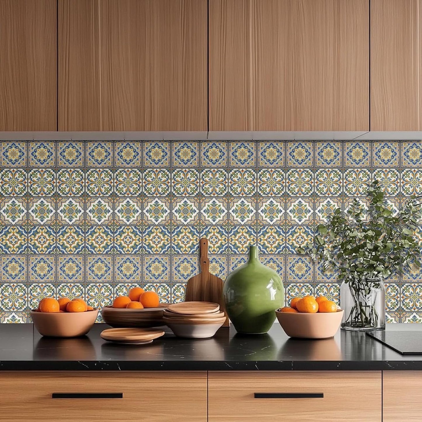4 Style Tile Stickers Peel and Stick Retro Floral Wall Tile Stickers / Blue Floral / Set of 36