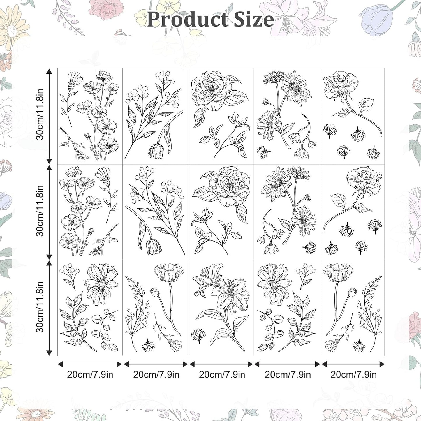15 Sheets Garden Floral Wall Decals DIY Peel and Stick Wall Decal Self Adhesive / Black Sketch