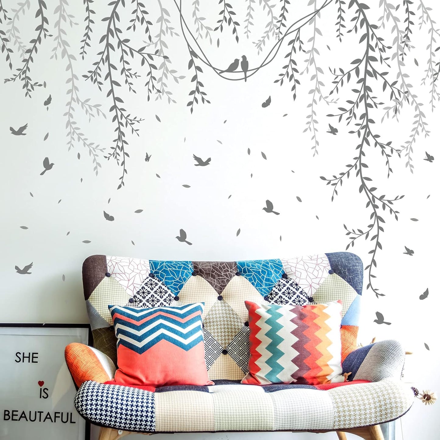 Hanging Willow Branch Wall Stickers DIY Vine Leaf Plant Wall Decals Peel and Stick Grass / Grey