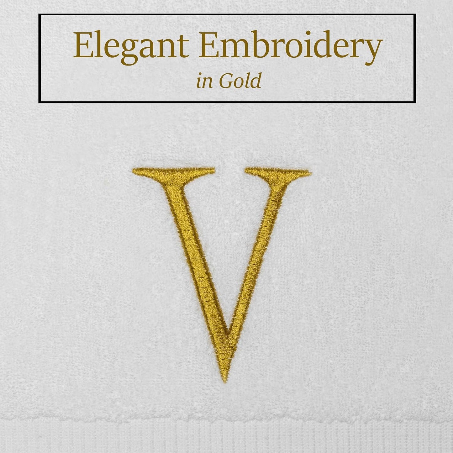 White with Gold Monogrammed Hand Towels for Bathroom - Set of 2 Letter V | Luxury Hotel Quality Initial Towels For