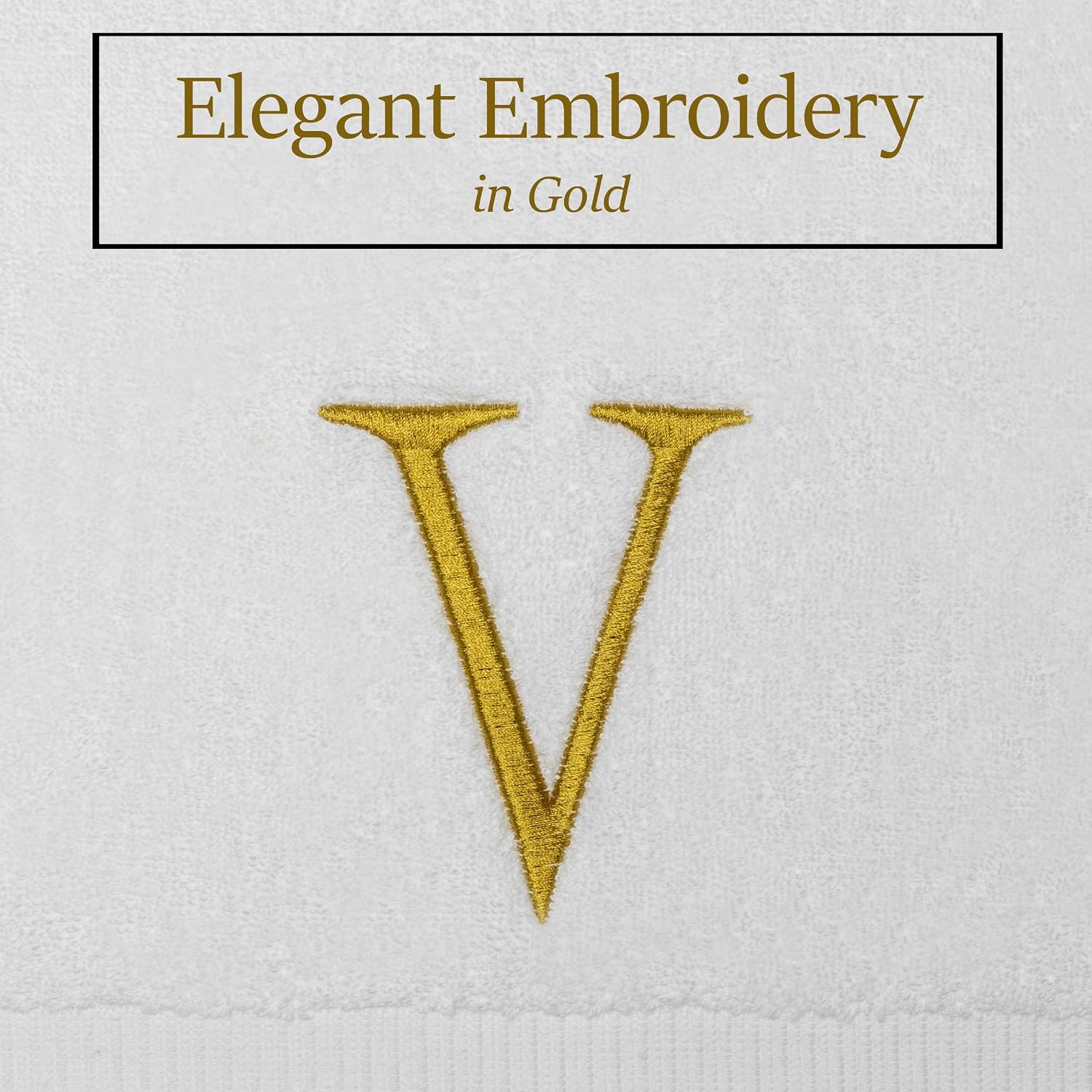 White with Gold Monogrammed Hand Towels for Bathroom - Set of 2 Letter V | Luxury Hotel Quality Initial Towels For