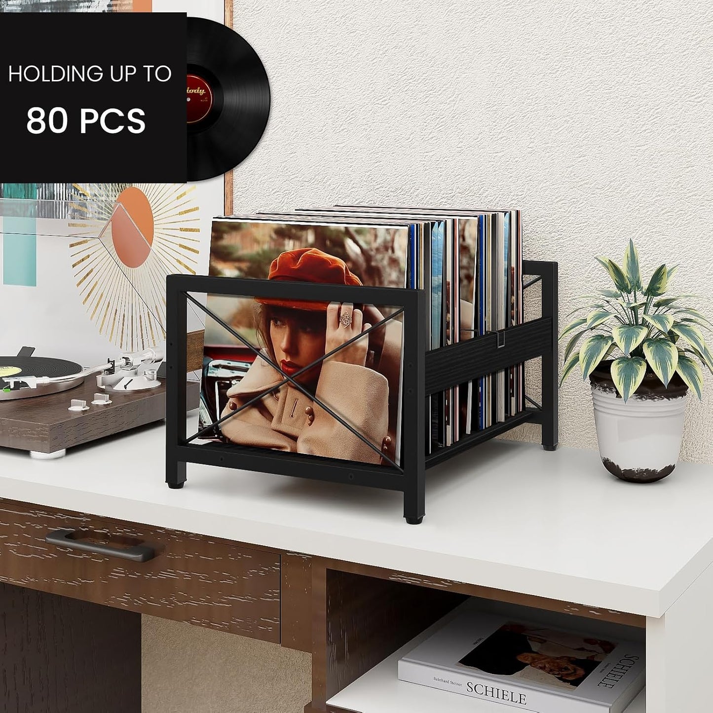 ELITEROO Vinyl Record Holder, Wooden Record Crate Fits 7” -12” Records | Vinyl Shelf Holds up to 50-100 Albums, DVDs