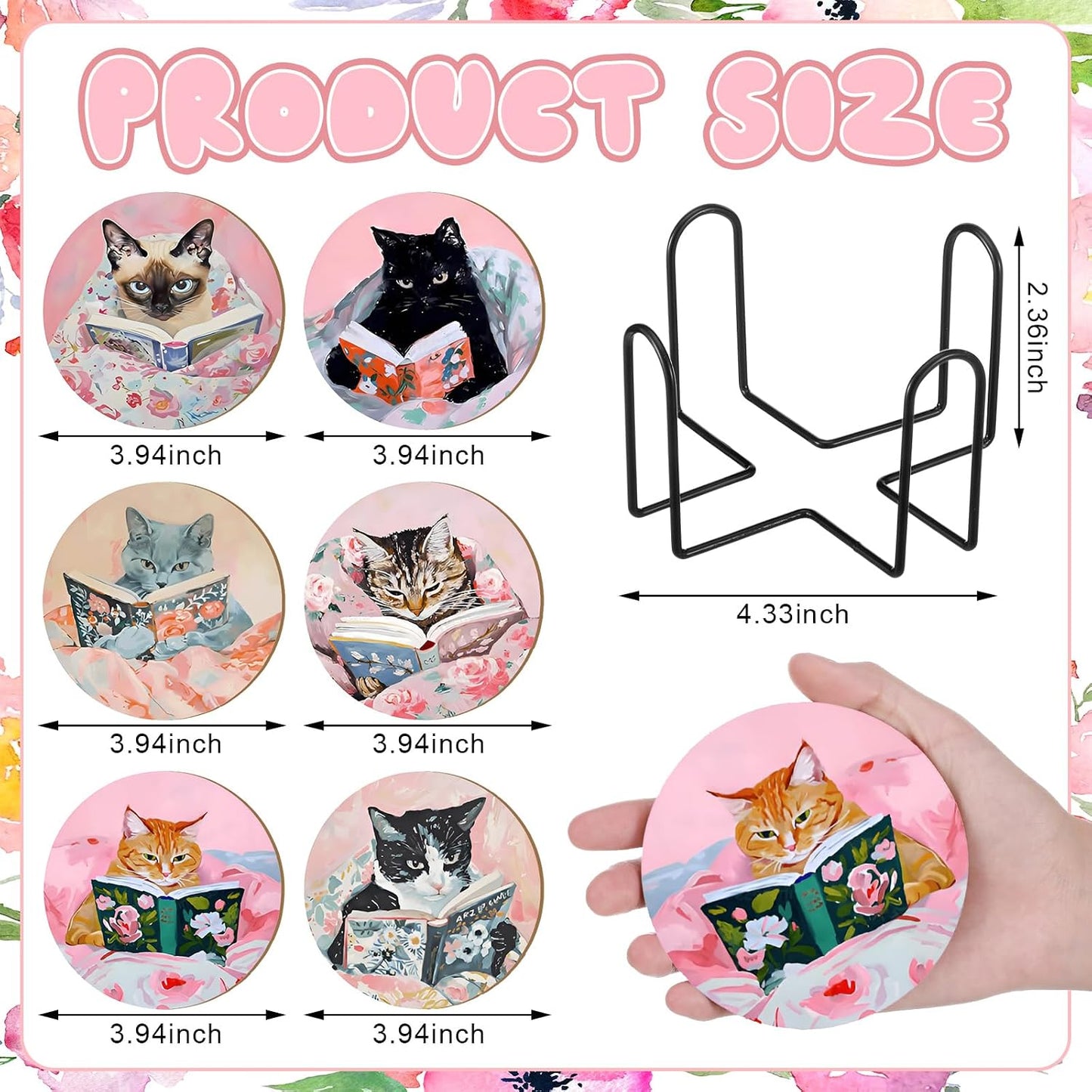 Holder Cat Lover Coaster Funny Cats Designs / Elegant Pattern / Set of 6