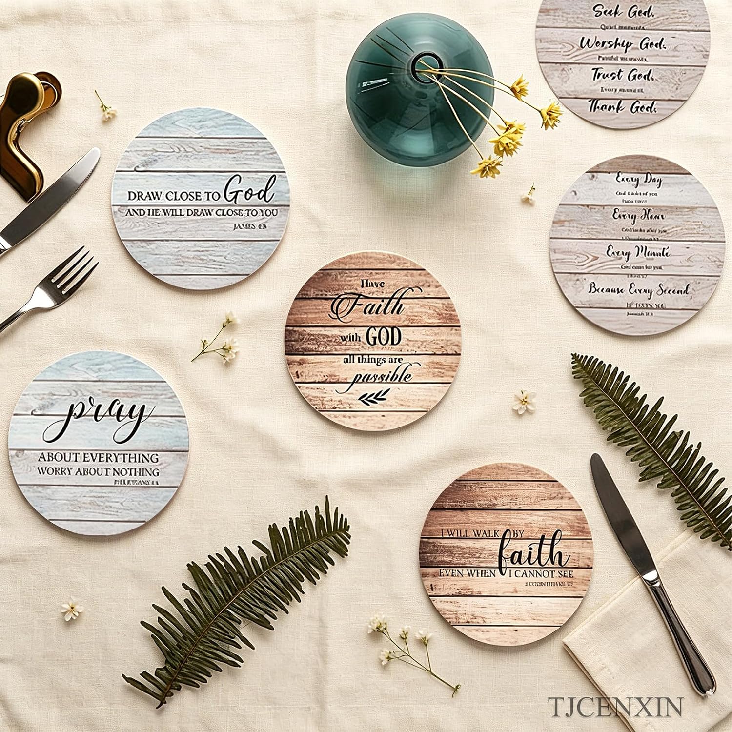 Bible Verses Wooden Coasters Set Religious Personalized Coaster for Coffee Drinks Tea / Classic