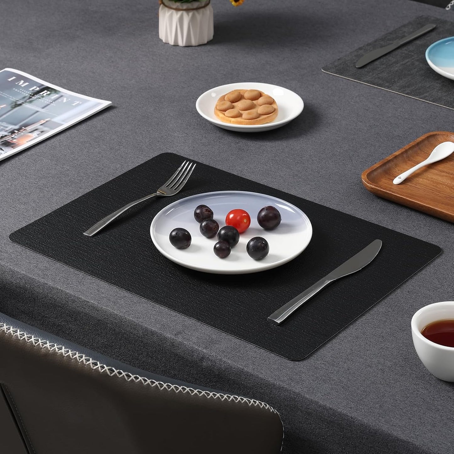 Myir JUN Faux Leather Placemats Set of 6, Dual Sided Waterproof Place Mats | Heat Resistant Wipeable Vinyl Table Mat