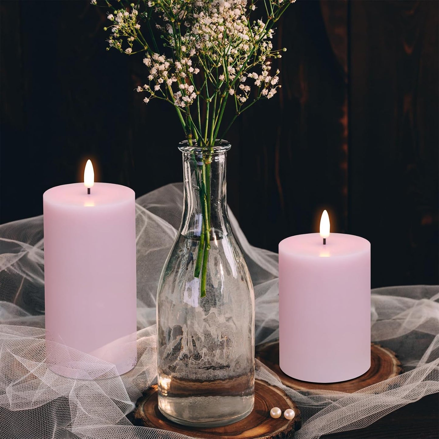 Pink Flameless Pillar Candles with Remote Set of 3 | Flickering LED Candles, 2 AA Battery Power, Flat Top Real Wax