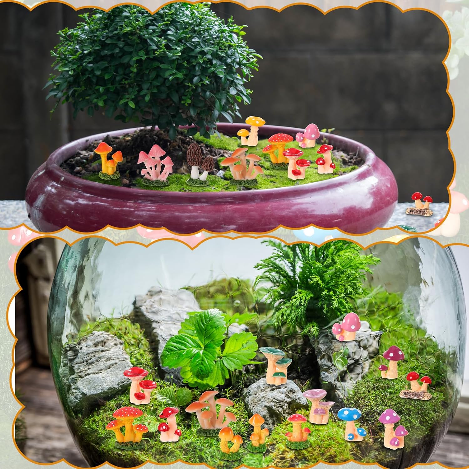 1.3 to Mini Mushrooms Tiny Resin Mushrooms Figures Miniature Little Small / 2 Inch / Set of 21