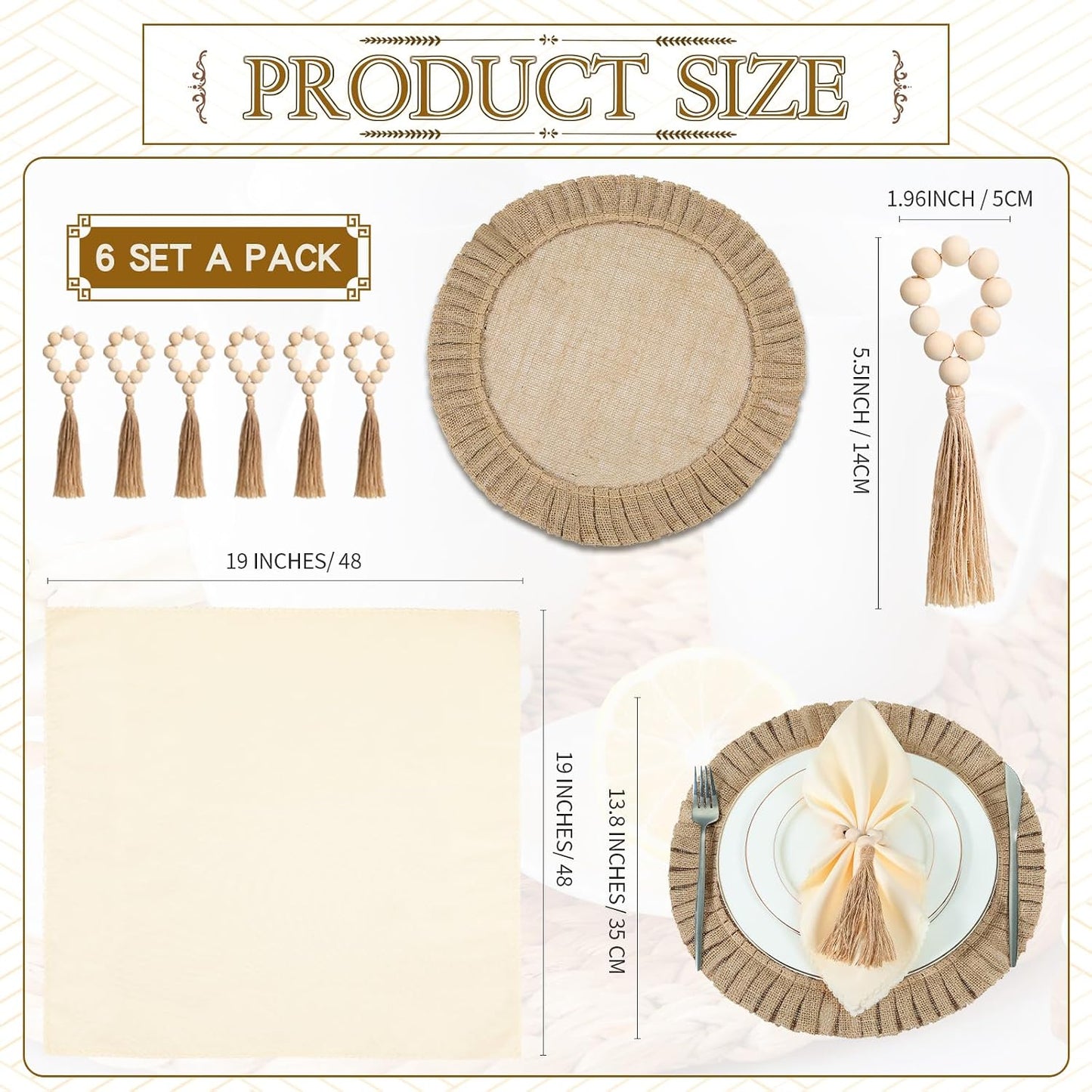 Gejoy 18 Pcs Burlap Placemat Wood Napkin Ring Dinner Napkin, Natural | Round Heat Resistant Jute Mats Wooden Bead