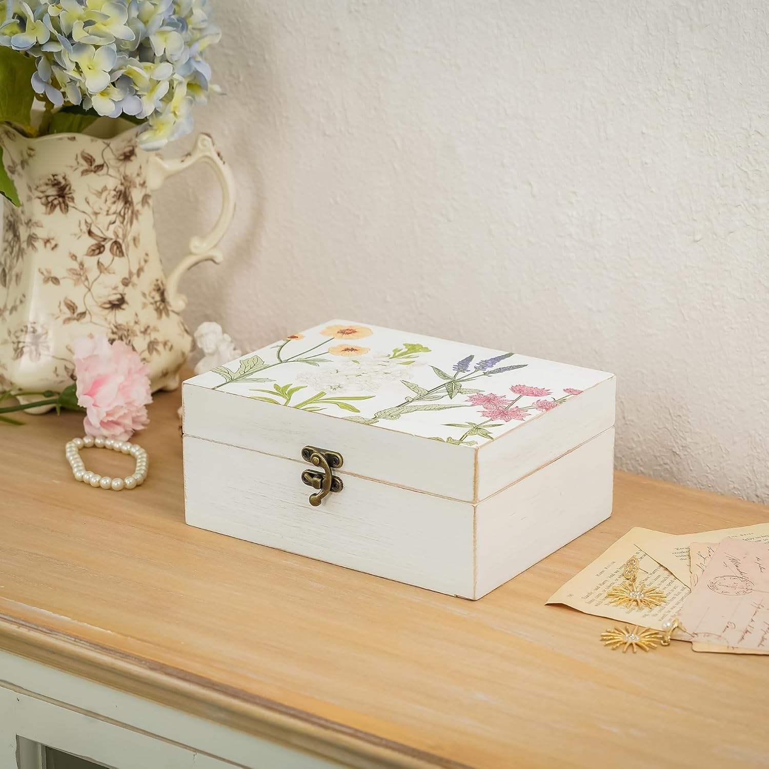 Hinged Lid Wooden Handmade Keepsake Storage Box Floral Printed Jewelry Box Rustic Trinket Box