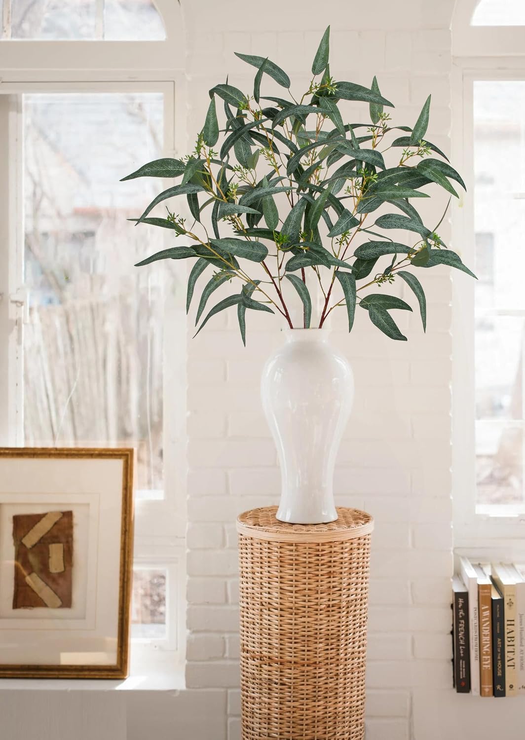 Faux Eucalyptus Stems Willow Eucalyptus Leaves 34" Long Fake Salix / Green with Seed / Set of 3