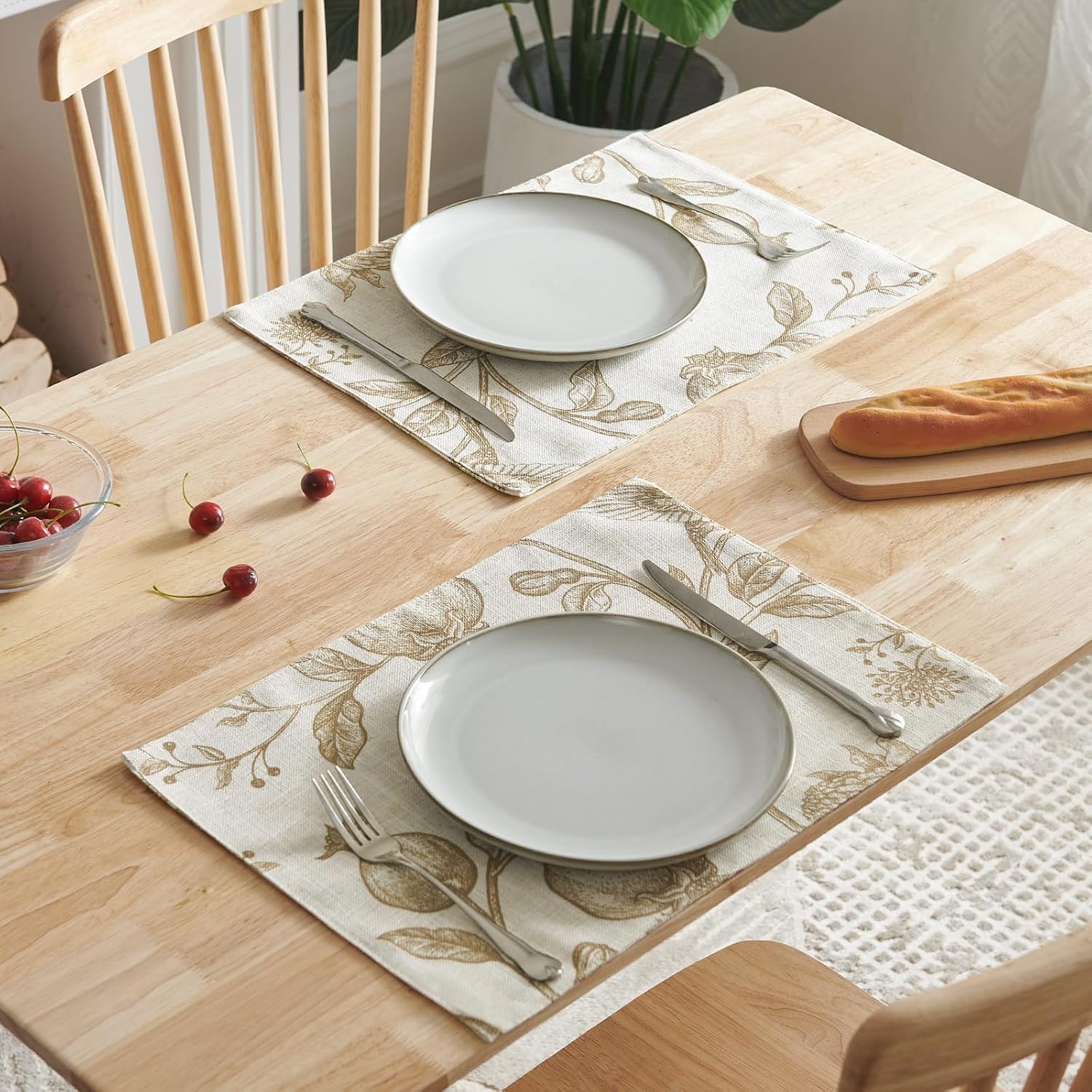 JINCHAN Linen Placemats Set of 4 Farmhouse Botanical Print 13x19 Inch Tan | Fabric Placemats, Cottage Style, Botanical