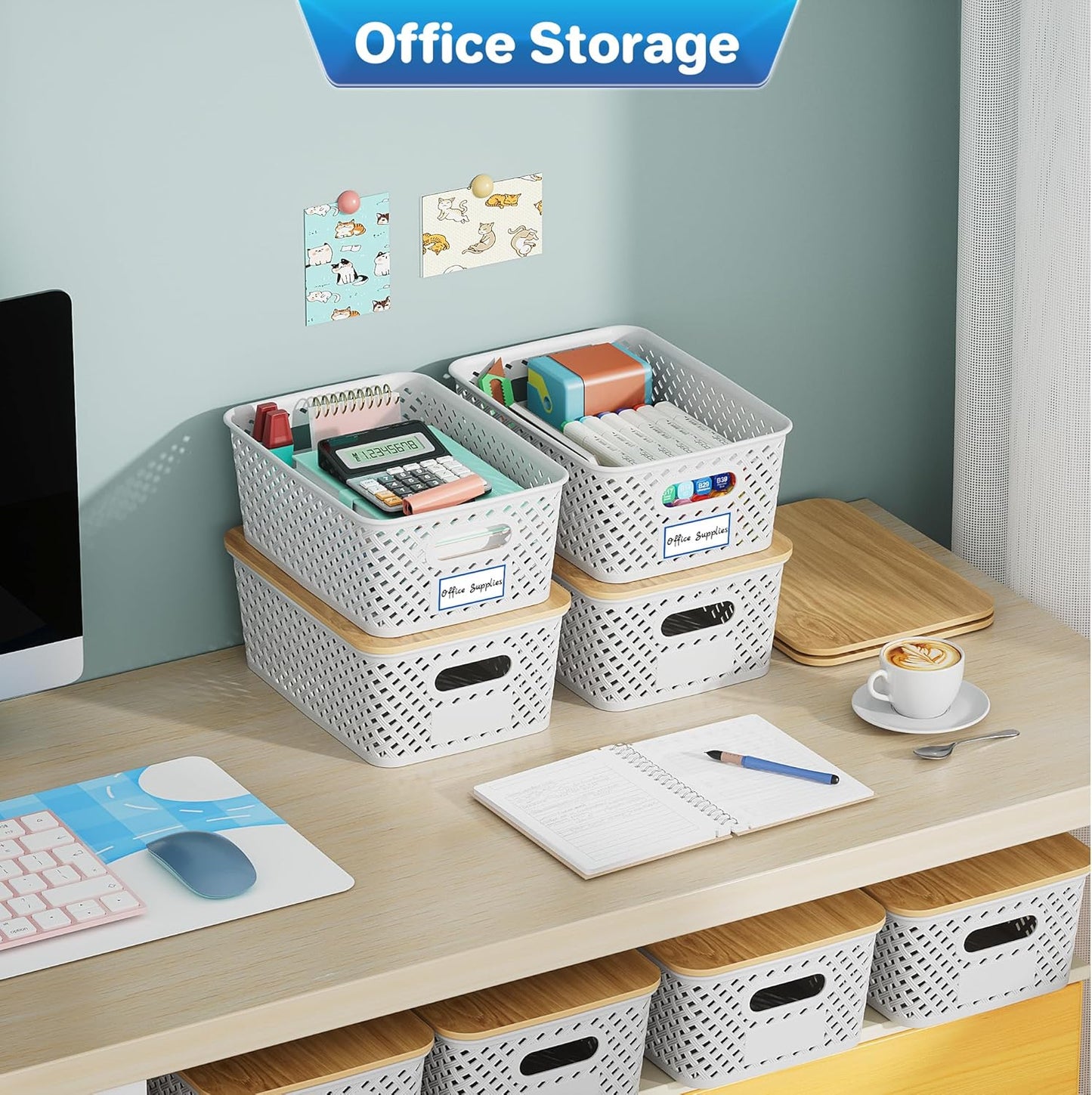 8 Packs Plastic Storage Bins / Cream White / Set of 8