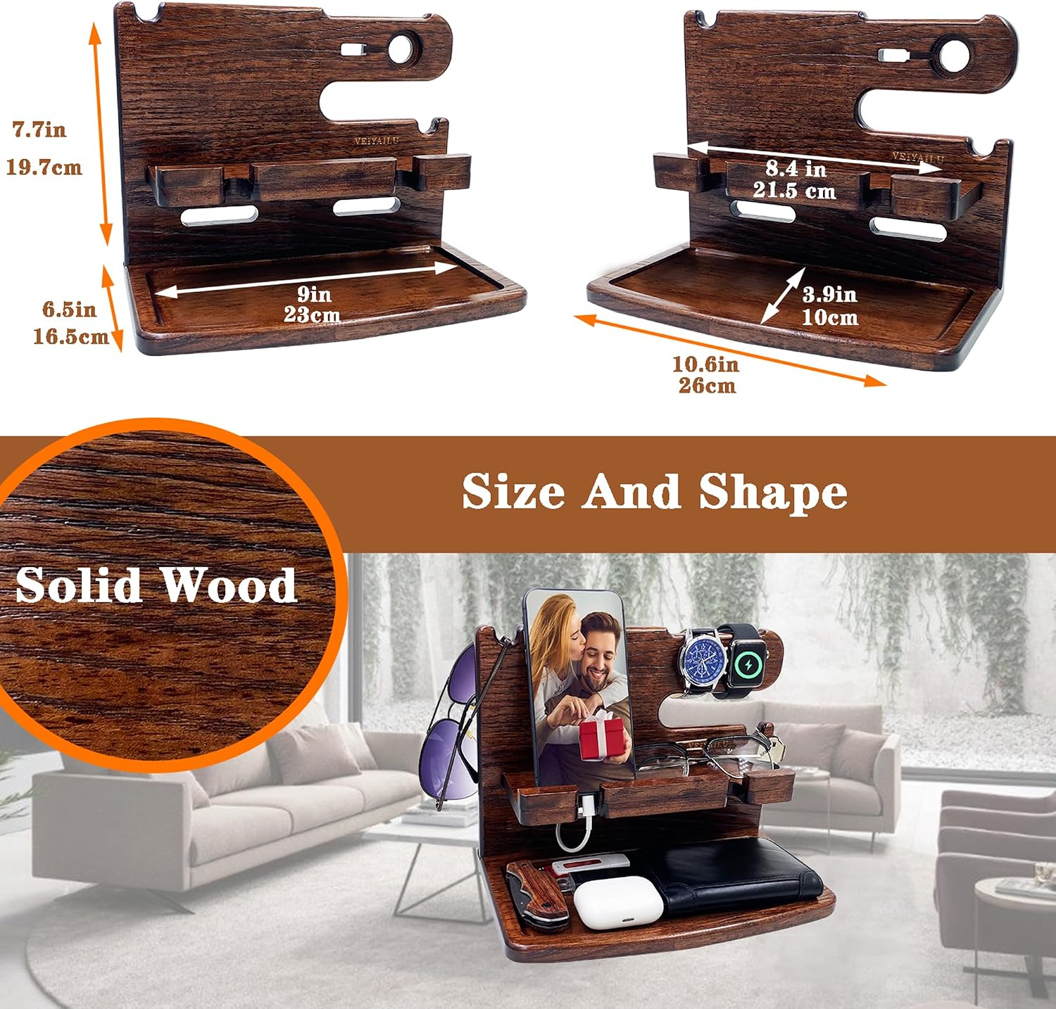 VEIYAILU Gifts for Men Women Dad Husband Boyfriend Wood Phone Docking Station Nightstand Organizer for Men Birthday