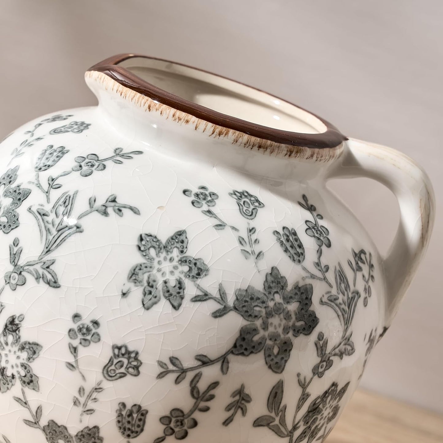 Antique Rustic Ceramic Vase / Gray Chinoiserie Floral- 5.39 / 5.39 Inch
