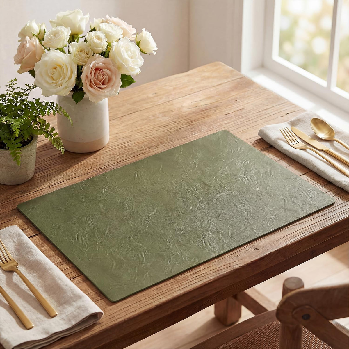 Artoid Mode Olive Green Faux Leather Placemats Set of 6, 12x18 Inch Waterproof Wipeable Heat Resistant Vinyl Place