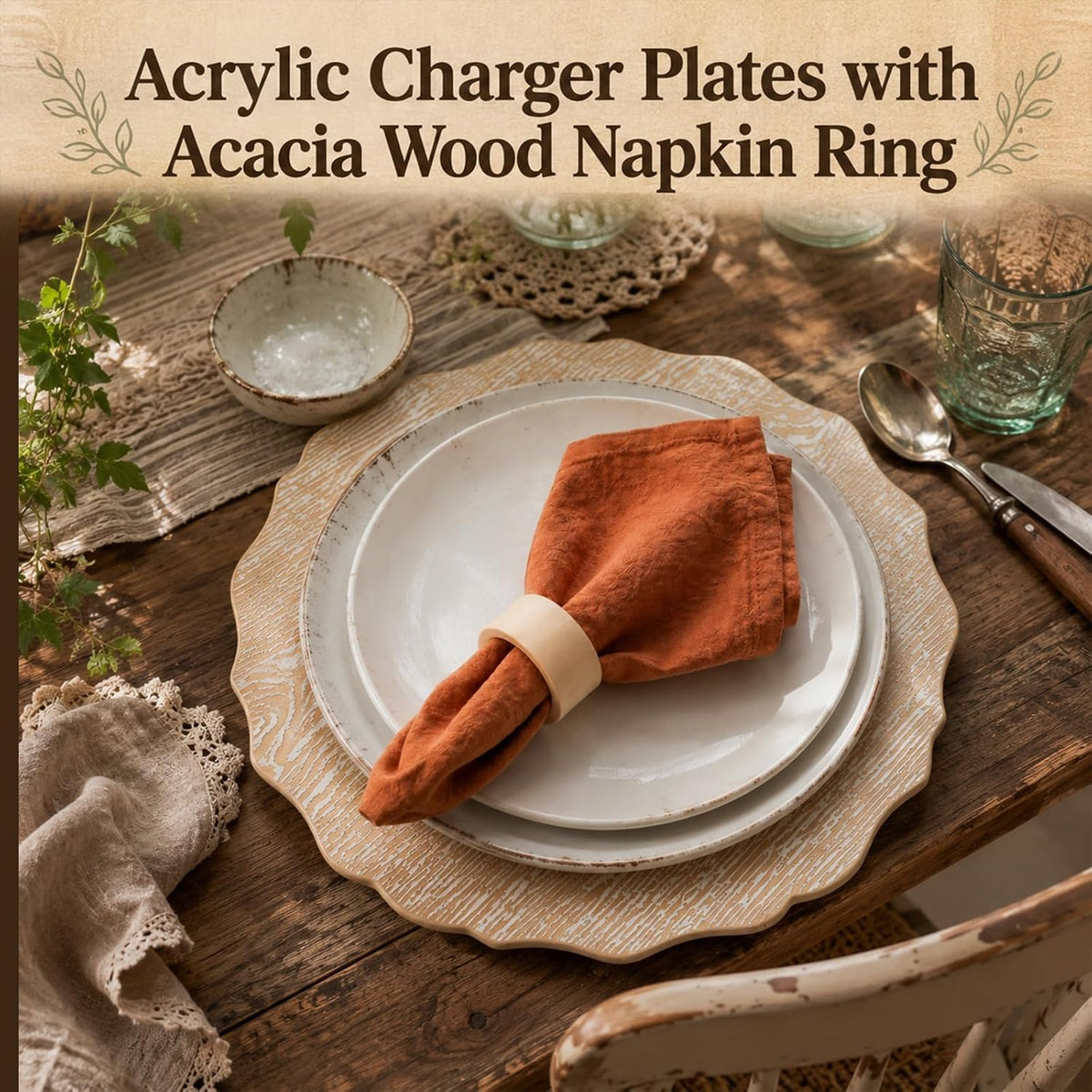 Havawish 12 Set 13" Rustic Wooden Textured Acrylic Charger Plates with Handmade Acacia Wood Napkin Ring, Farmhouse