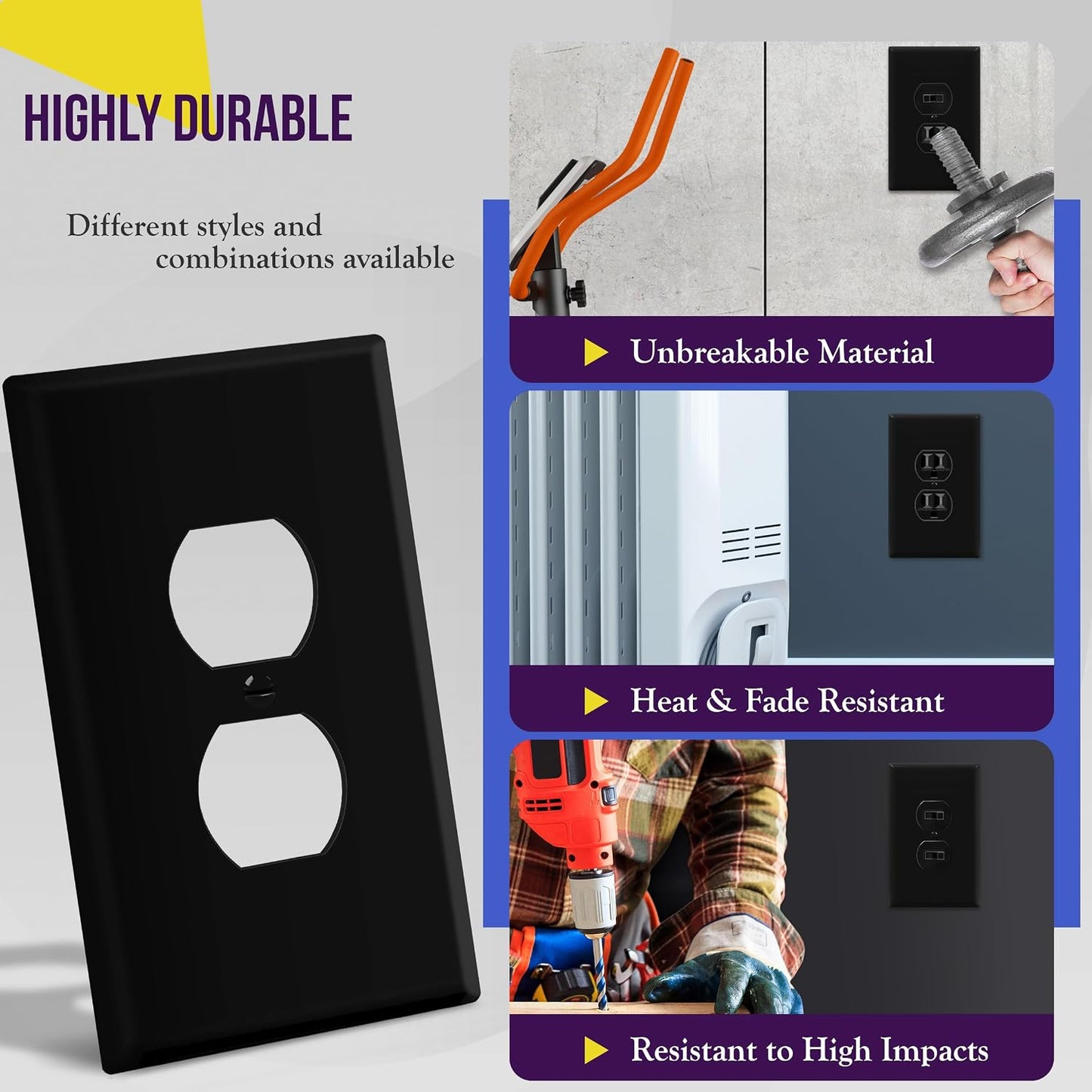 ENERLITES 10 Pack Oversized Duplex Outlet Covers, Jumbo Wall Plate, Black | Over-size 1-gang 5.5" x 3.5", hide