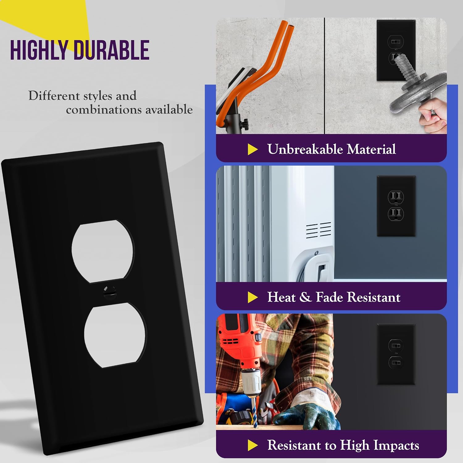 ENERLITES 10 Pack Oversized Duplex Outlet Covers, Jumbo Wall Plate, Black | Over-size 1-gang 5.5" x 3.5", hide
