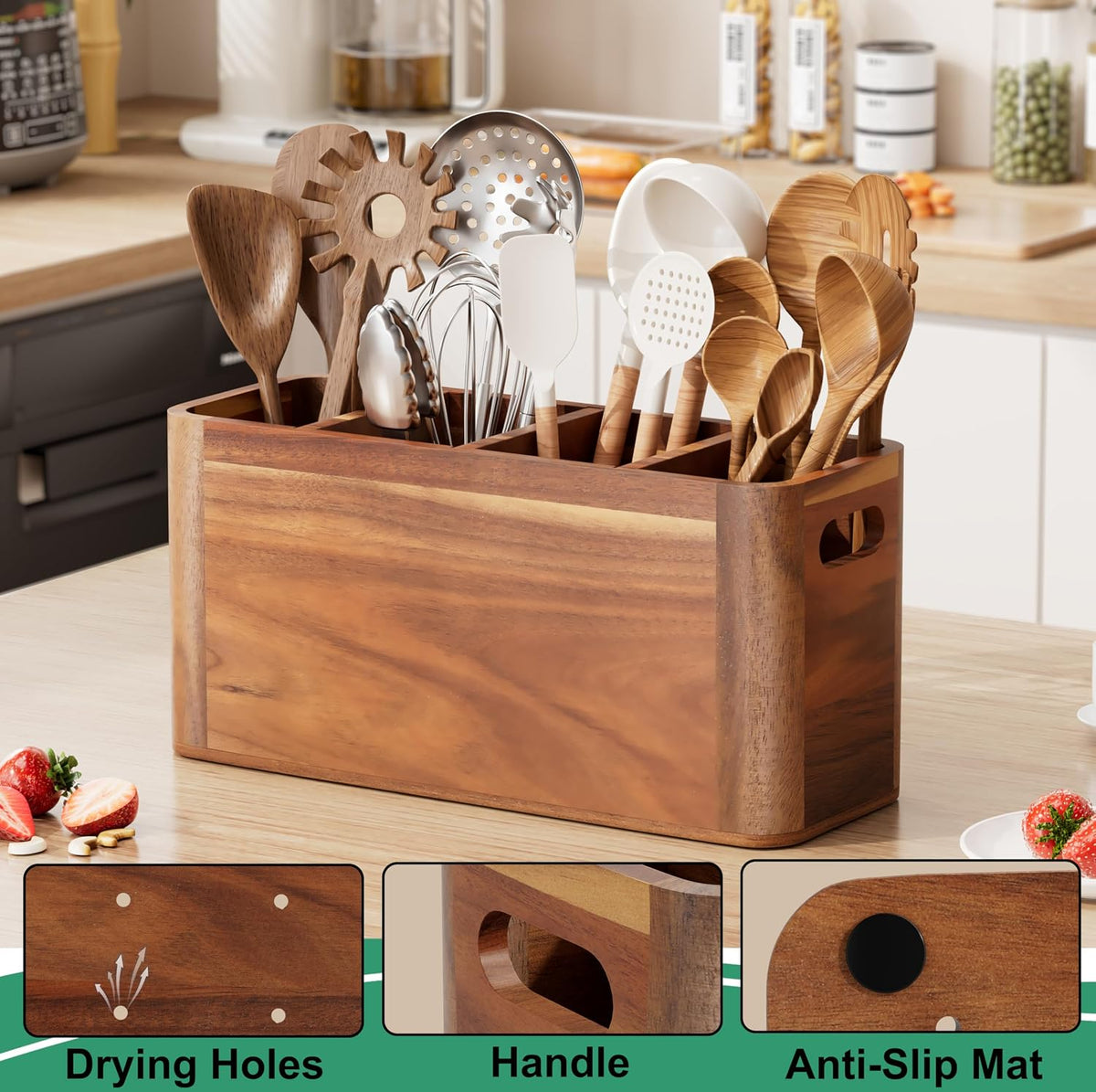 ZUJJAFY Utensil Holder, Acacia Wood Kitchen Utensil Holder for Counter with 4 Compartments, Extra Large Wooden Kitchen