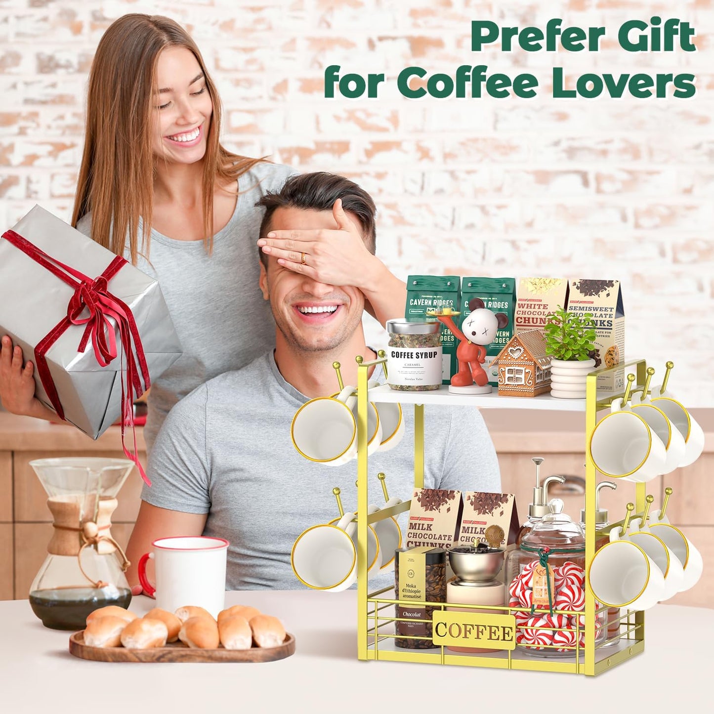 EsLuker.ly Coffee Mug Cup Holder Tree Bar Station Organizer, 2 Tier Gold | Mug Stand Rack for Countertop Kitchen