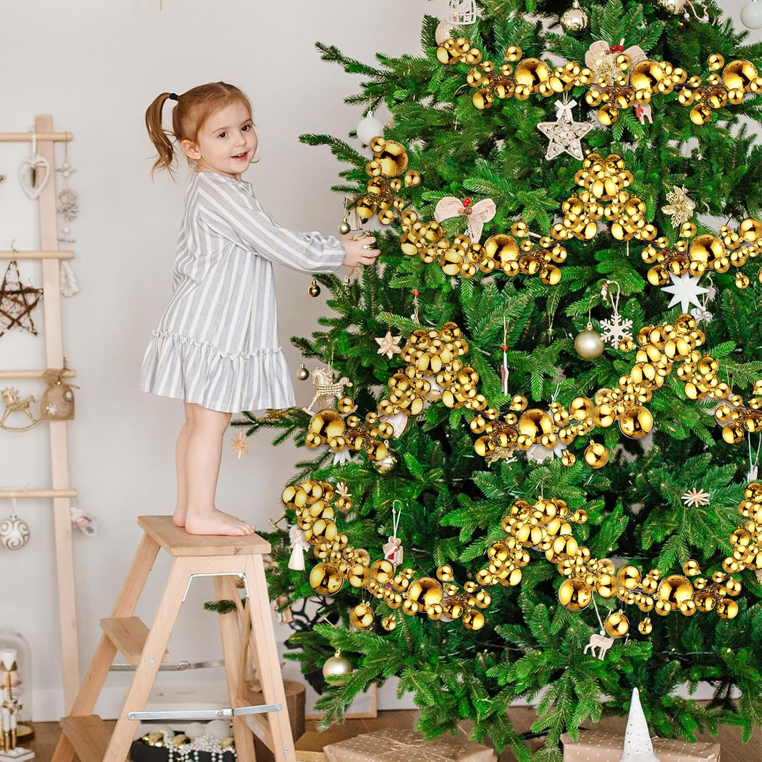 2 Pcs 6 ft Christmas Ball Ornament Garland, Gold | Bauble Bulb Christmas Tree Ball Decoration Shatterproof Ornaments