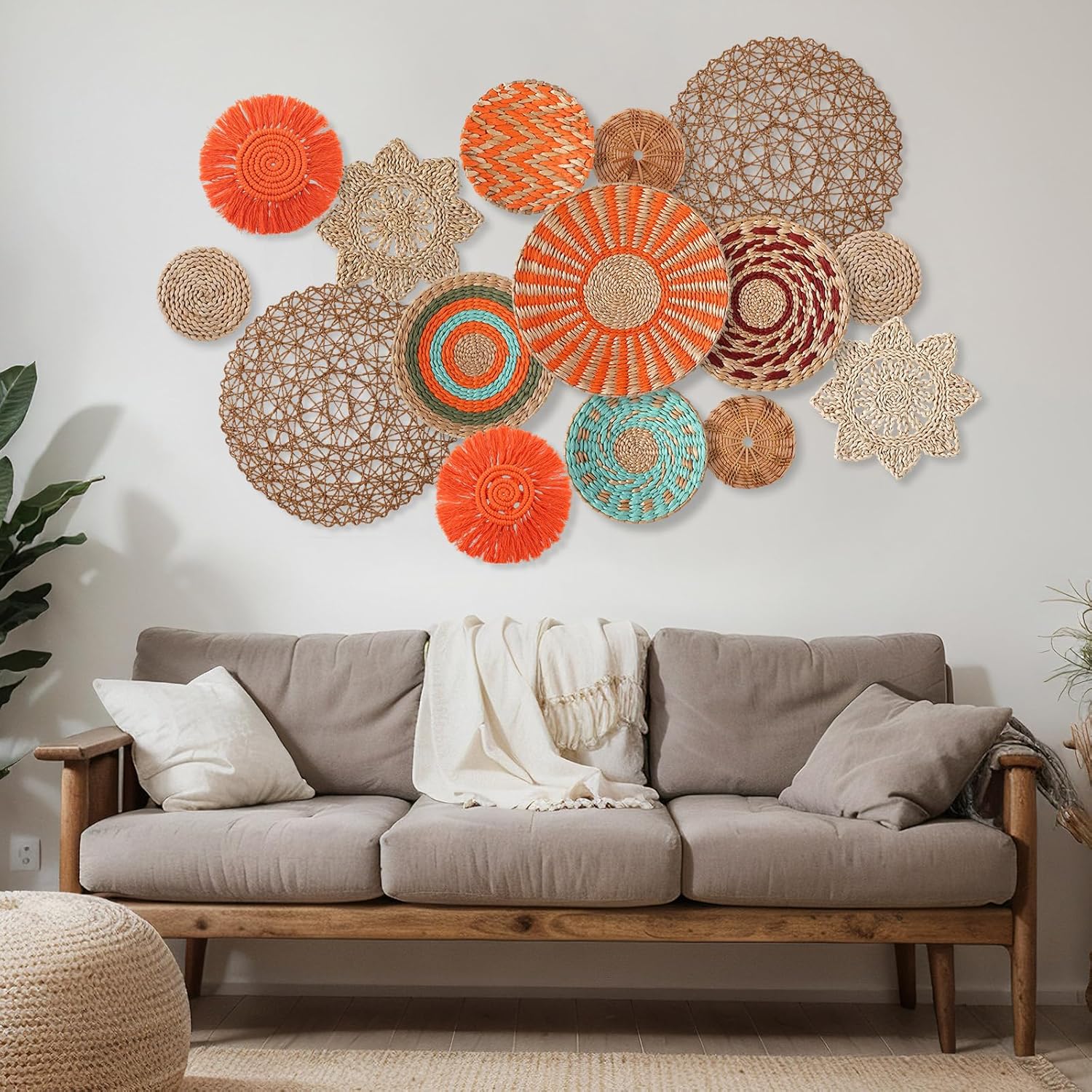 Boho Wall Basket Decor Woven Rattan Seagrass Wall Decor Hanging Rustic / Orange Style / Set of 15