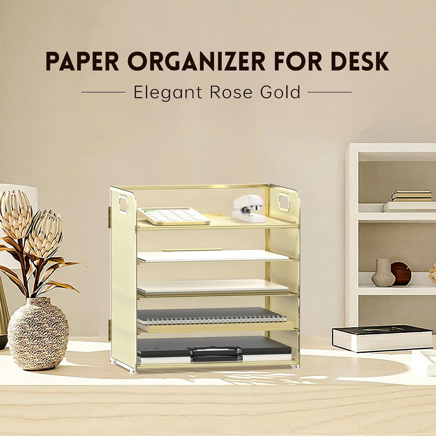5 Trays Paper Organizer Letter Tray with Handle-Mesh Desk File Organizer, Paper Sorter Desk Organizer for Office, Home
