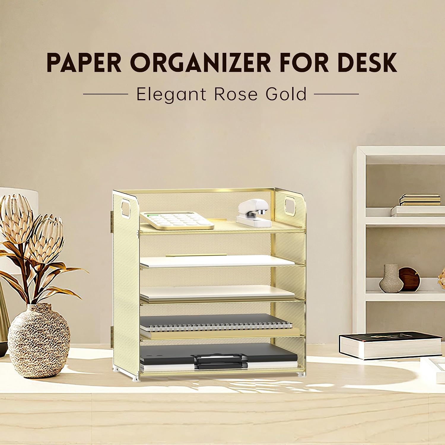 5 Trays Paper Organizer Letter Tray with Handle-Mesh Desk File Organizer, Paper Sorter Desk Organizer for Office, Home