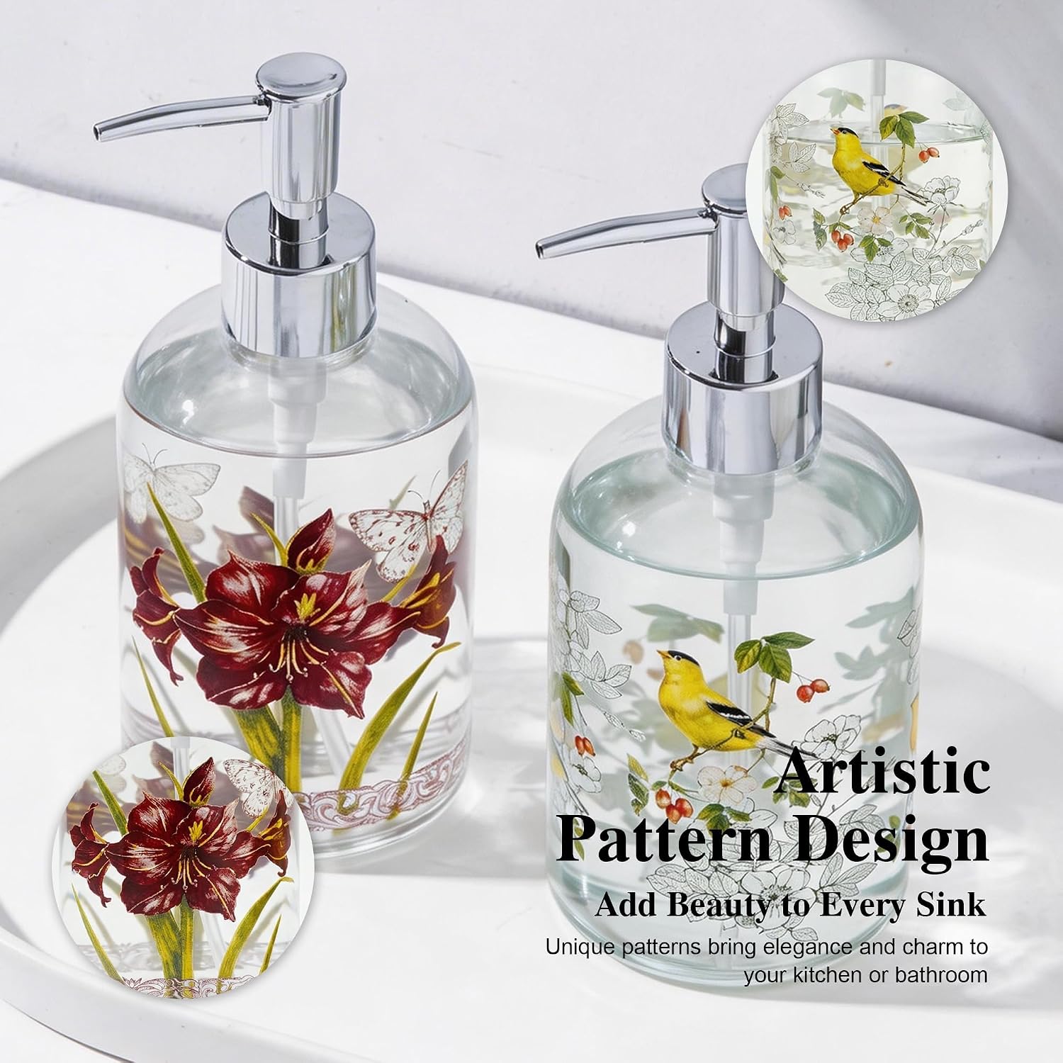 Topadorn Glass Soap Dispenser Set, Hand & Dish Soap Bottles with Pump | 2 Pack Botanical Glass Bottles • Vintage Floral