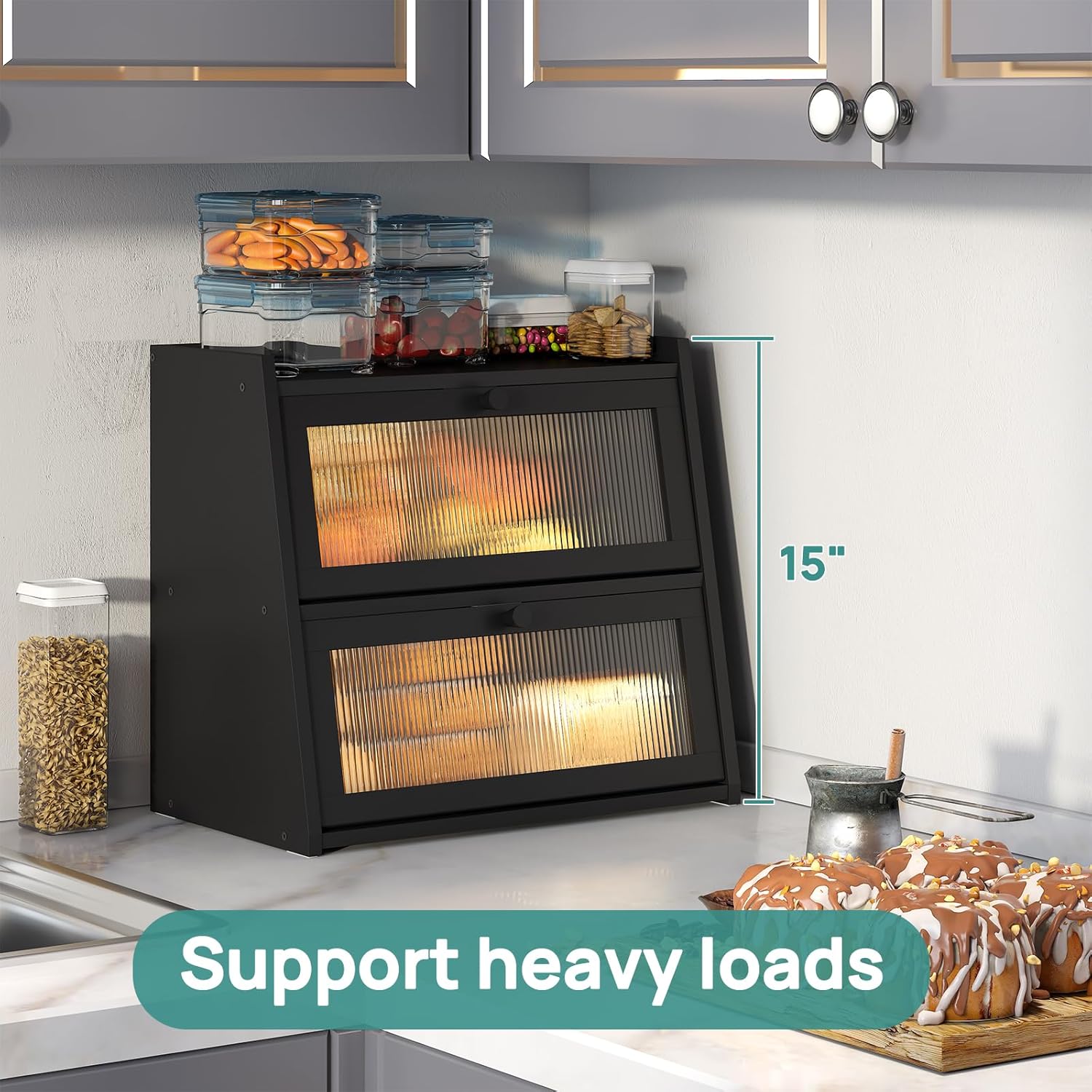 viewcare Black Bread Box, Double Layer Large Bread Box for Kitchen Counter, Bamboo Bread Storage Container with Wavy