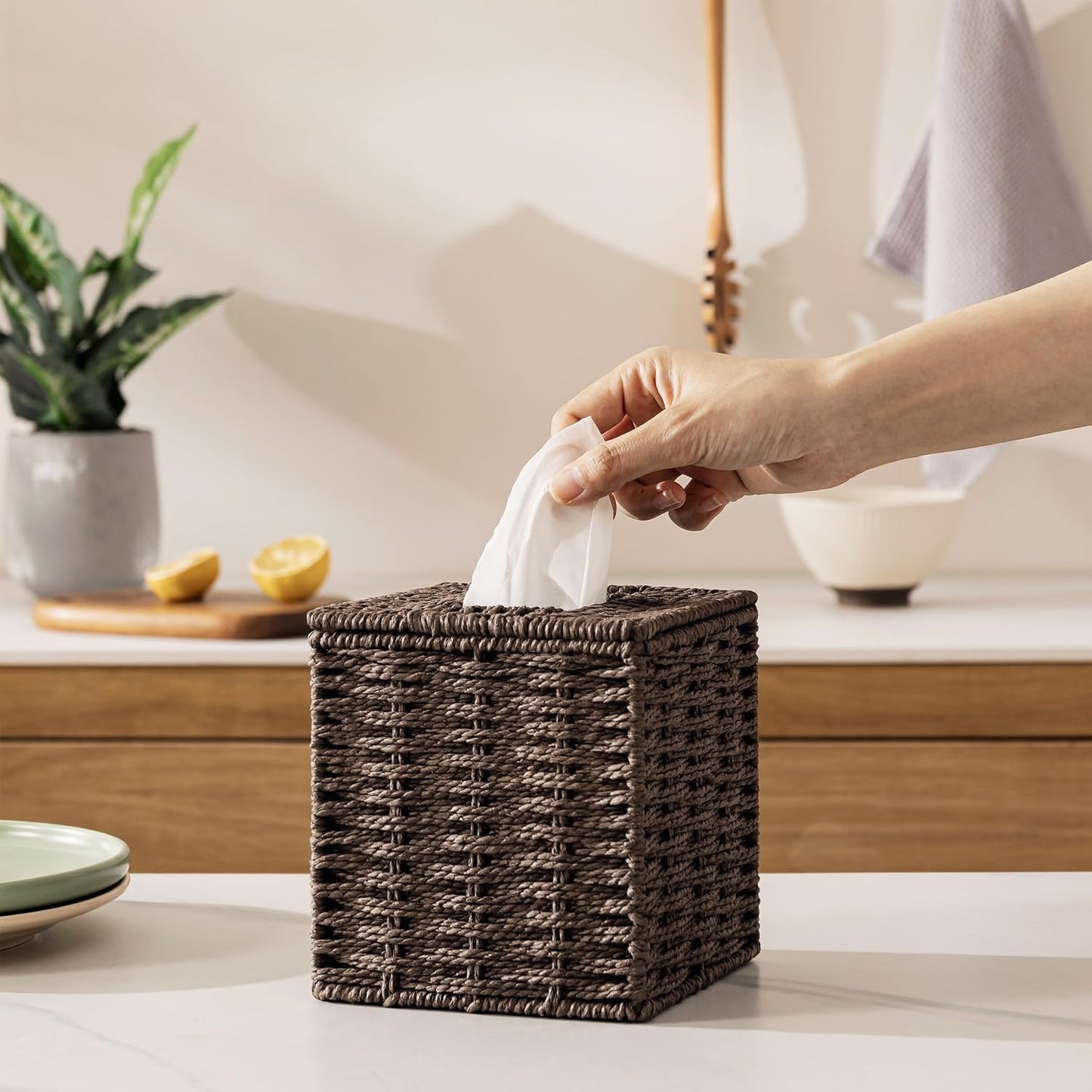 Paper Rope Hand Woven Square Tissue Box Holder / Dark Brown