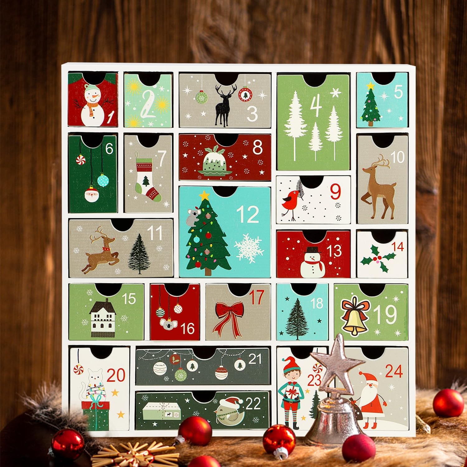 Wooden Christmas Advent Calendar with 24 Drawers, Countdown to Christmas, Refillable Wooden Advent, White