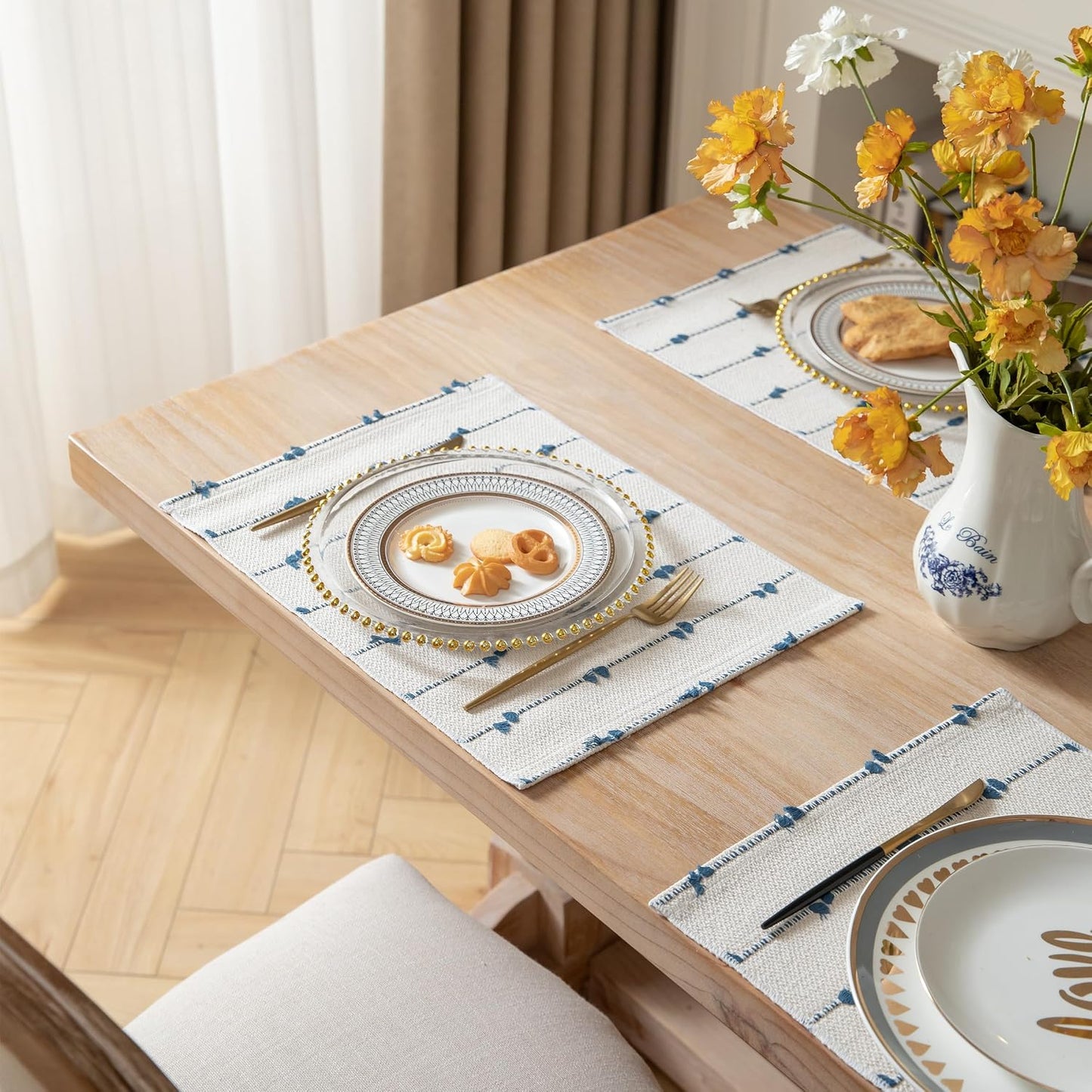 Boho Placemats Set of 6 for Dining Table Decor, Woven Cloth Place Mats for Farmhouse Rustic Kitche Home Decor, Cotton