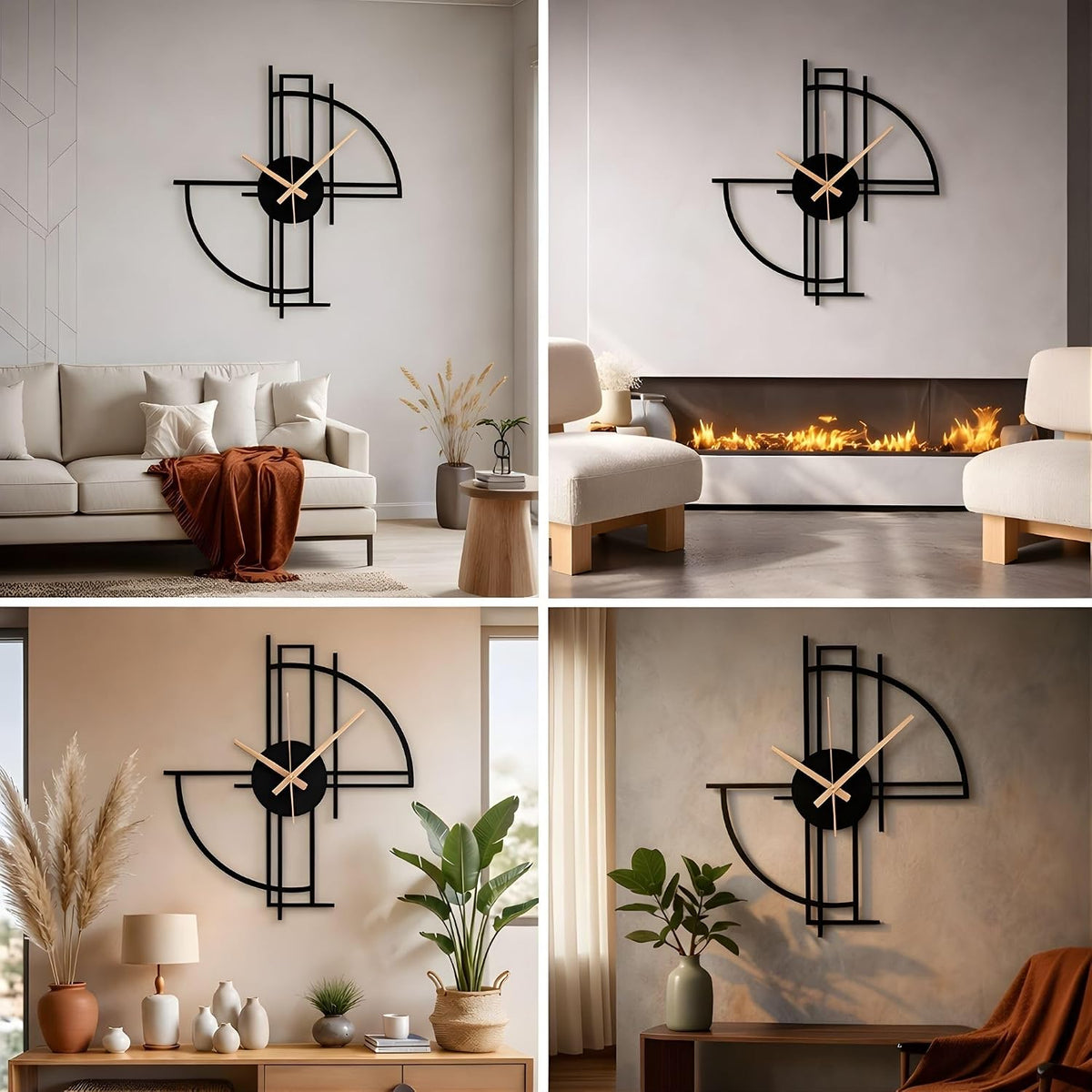 Modern Geometric Metal Wall Clock, Minimalist Black Steel Design, Silent Non-Ticking Mechanism, Unique Contemporary
