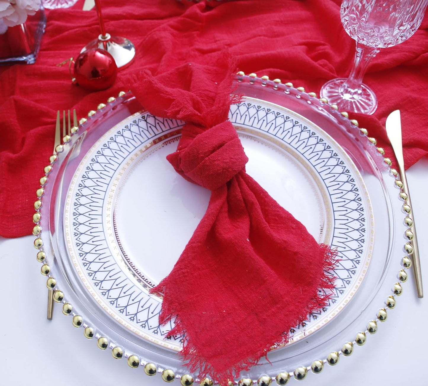 Fall Cloth Napkins with Fringe, Cotton Gauze Napkins Set of 12, Red | Boho Rustic Dinner Napkins, 16 x 16 Inch Washable