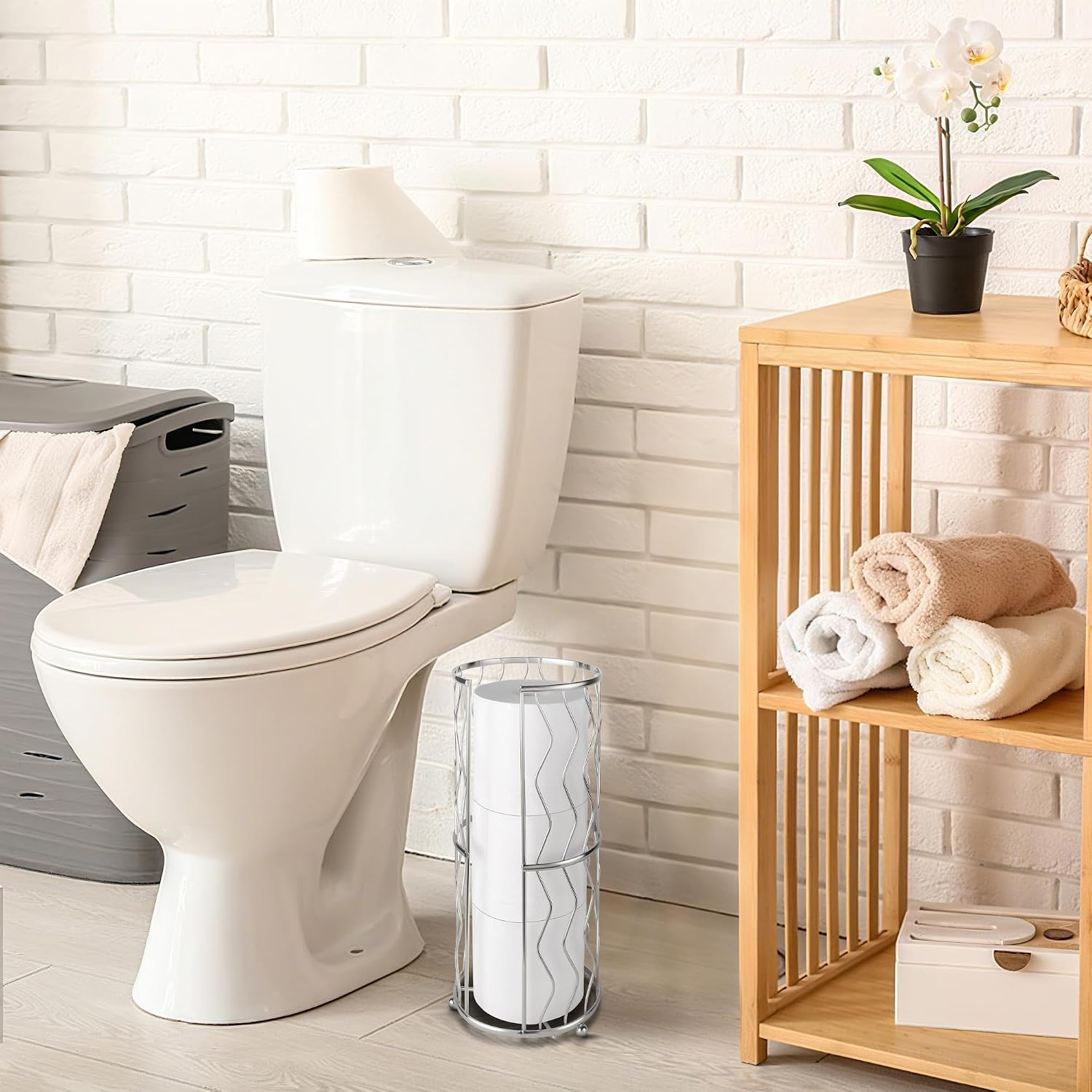 Decorative Metal Standing Toilet Tissue Holder for Bathroom/Powder Room, Compact Tissue Reserve for 3 Jumbo Rolls of