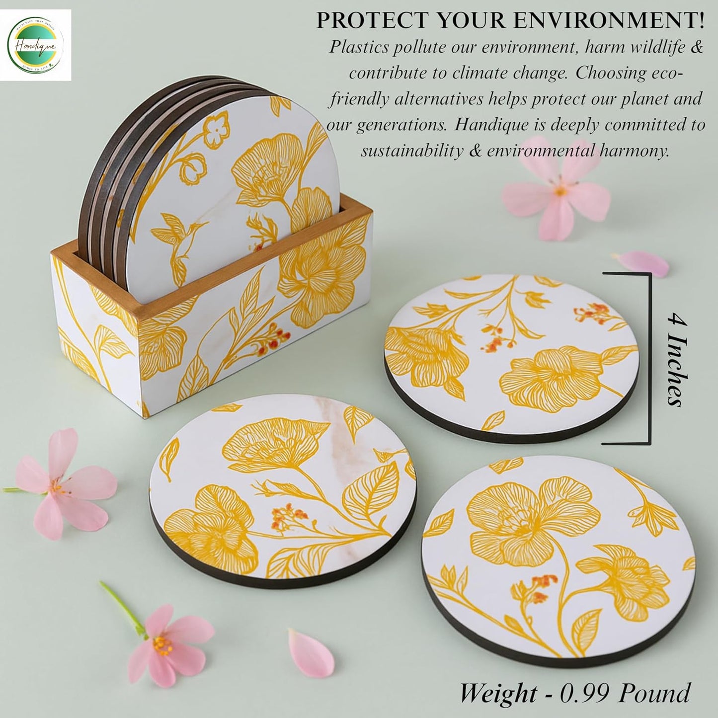 Holder / Wooden Coasters for Drinks / White Floral / Set of 6
