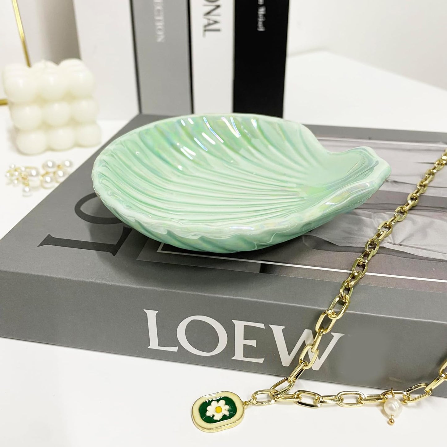 Ceramic Shell Ring Holder Dish / Ice Green
