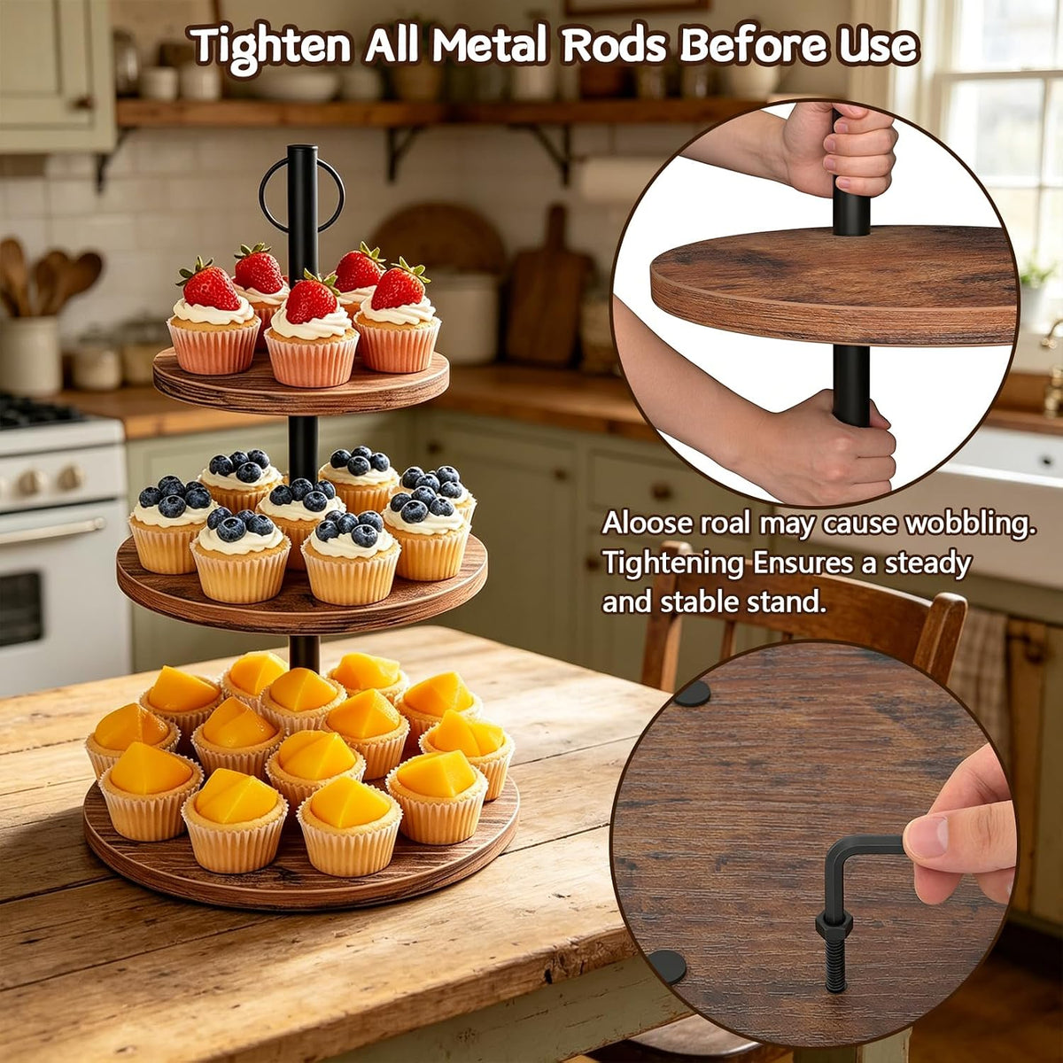 Cupcake Stand, 2 Pack Rustic Wood 3 Tier Cake Stand, Serving Tray | Round Dessert Table Display Set, 3 Tier Cupcake