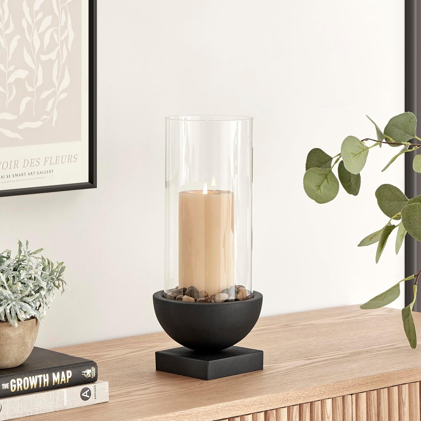 Danya B. Modern Black Metal Bold Pedestal and Glass Pillar Hurricane Candle Holder (Small)