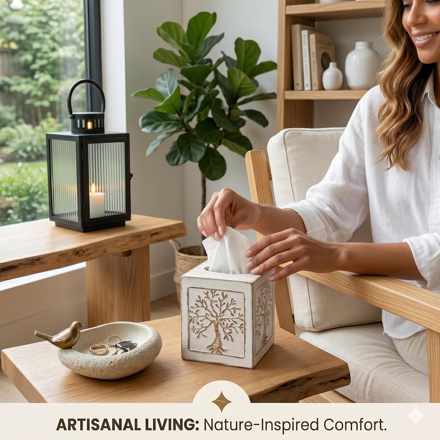 Wooden Tissue Box Cover / Square / White Tree of Life