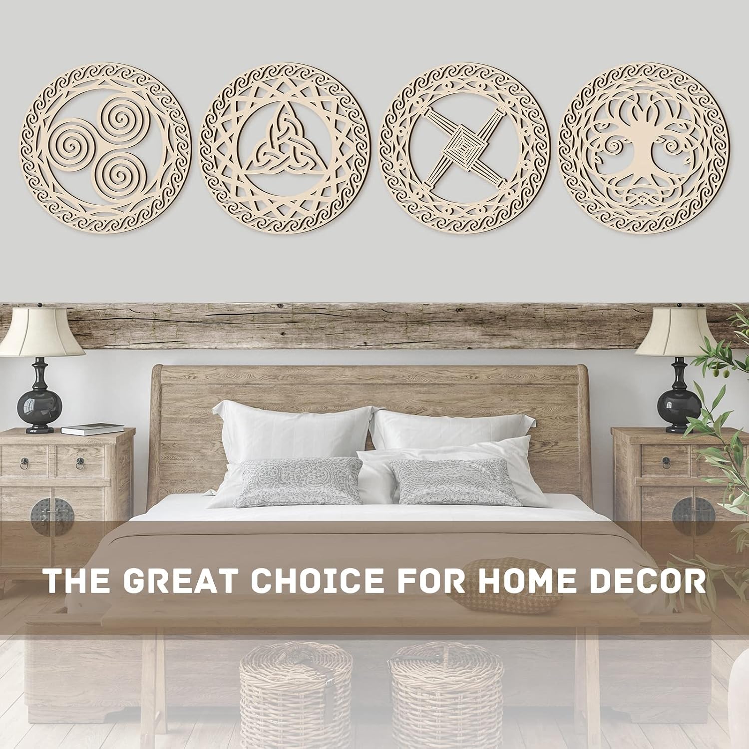 Celtic Symbol Wall Decor Celtic Cross Knot Triple Spiral Symbol Wood Sign / Wood Color / Set of 4